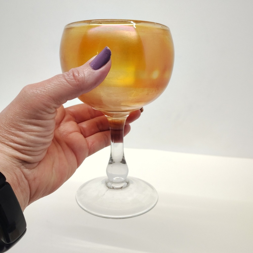 Fancy Goblet Amber Iridescent Barware Drinkware Decor 6.5" Tall Wine Glass Retro